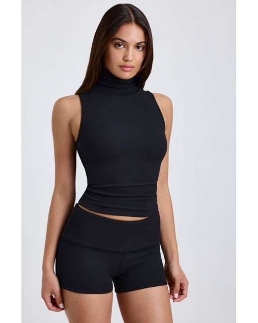 Oh Polly Black Modal Ribbed Mid-Rise Foldover Shorts