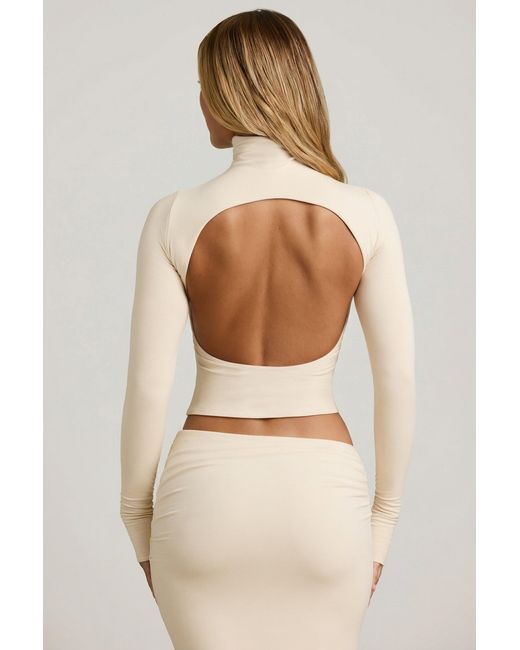 Oh Polly White Modal Ruched Backless Turtleneck Top