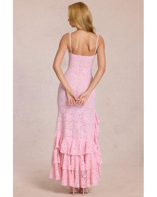 Oh Polly Pink Lace Ruffle Maxi Dress