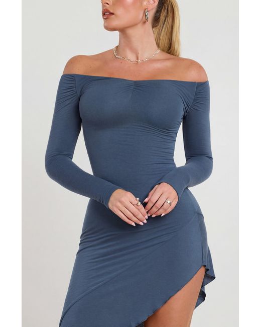 Oh Polly Blue Long Sleeve Off-The-Shoulder Modal Cashmere Blend Maxi Dress