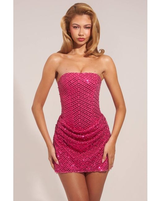 Oh Polly Pink Embellished Draped Strapless A-Line Mini Dress