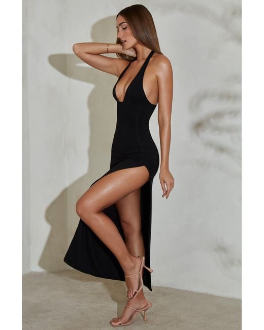 Oh Polly Black Modal Halter-Neck Thigh-Split Maxi Dress