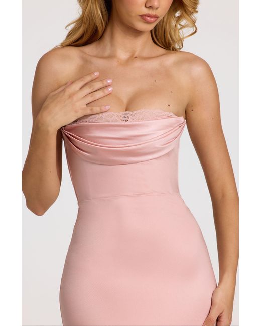 Oh Polly Pink Satin Lace-Trim Bandeau Fluted Midaxi Dress