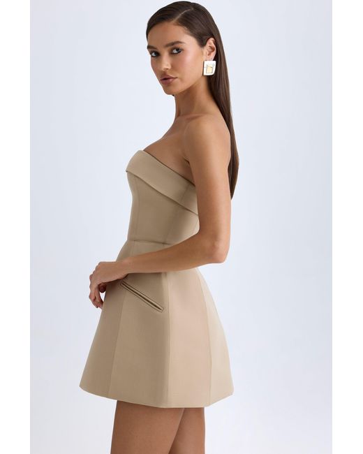 Oh Polly Natural Foldover-Neck Structured Tulip Mini Dress