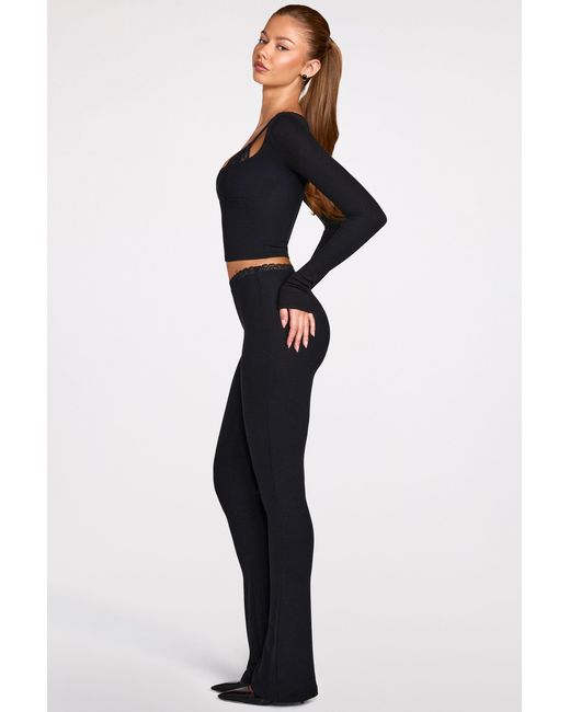 Oh Polly Black Modal Mid-Rise Flared Trousers