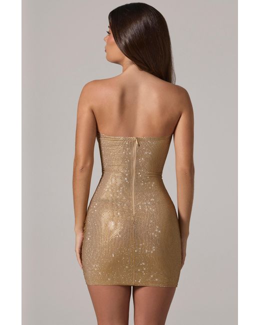 Oh Polly Brown Embellished Bandeau Cowl-Waist Mini Dress