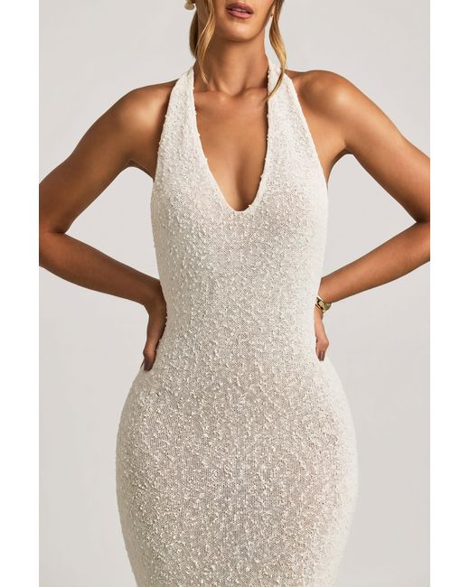 Oh Polly White Bouclé Halterneck Maxi Dress