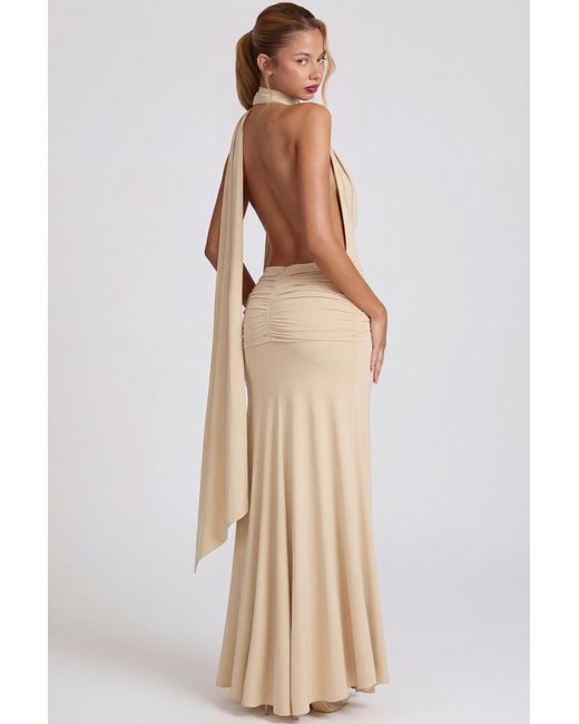 Oh Polly Natural Soft-Jersey Plunge Halterneck Maxi Dress