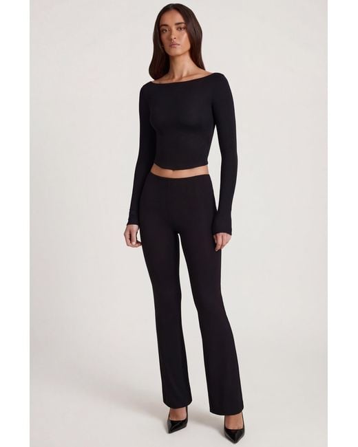 Oh Polly Black Modal Mid-Rise Flared Trousers