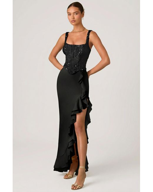 Oh Polly Black Embellished Ruffle-Trim Corset Gown