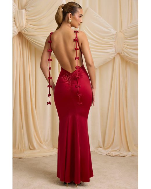 Oh Polly Red Bow-Detail Draped Open-Back Gown