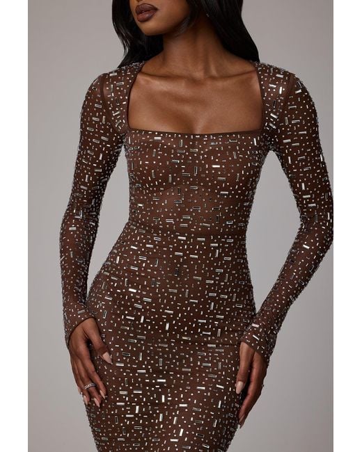 Oh Polly Brown Sheer Embellished Long Sleeve Evening Gown