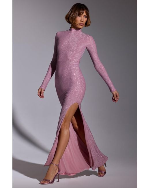 Oh Polly Pink Embellished Long Sleeve Evening Gown