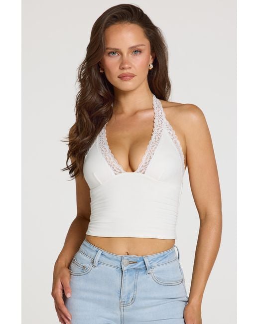 Oh Polly White Modal Lace-Trim Halterneck Top