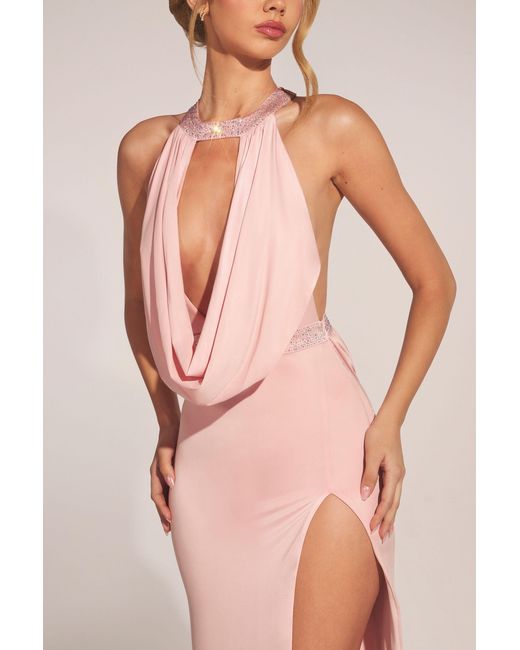 Oh Polly Pink Cowl-Neck Thigh-High Gown