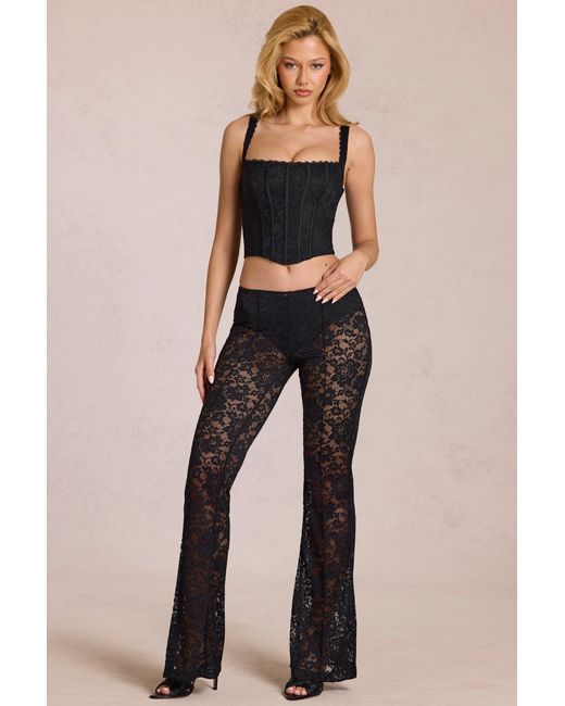 Oh Polly Black Sheer Lace Mid-Rise Flared Trousers