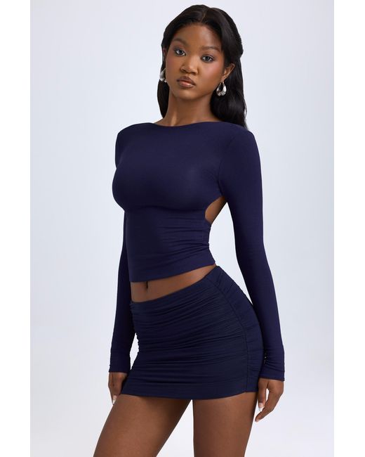 Oh Polly Blue Modal High Neck Long Sleeve Open Back Top