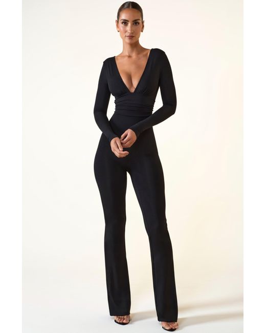 Oh Polly Black Modal Ruched Plunge Flared Jumpsuit