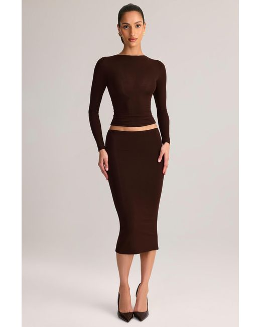 Oh Polly Brown Modal Mid-Rise Pencil Midi Skirt