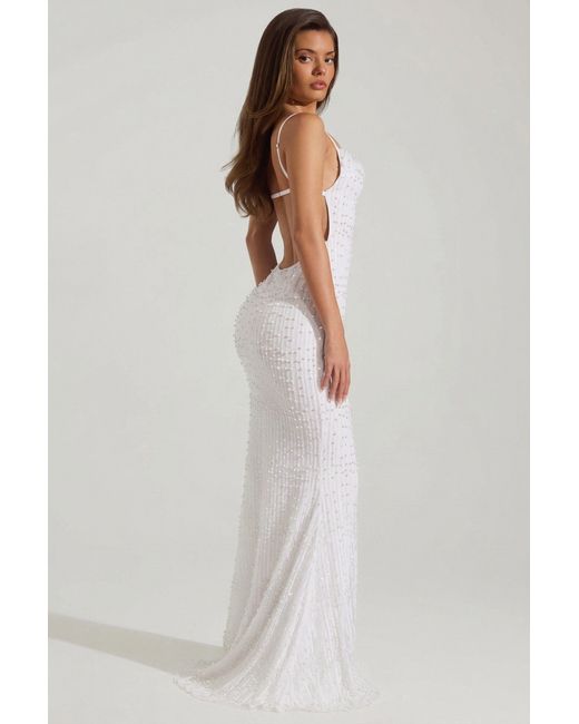 Oh Polly White Embellished Cowl-Neck Backless Maxi Dress