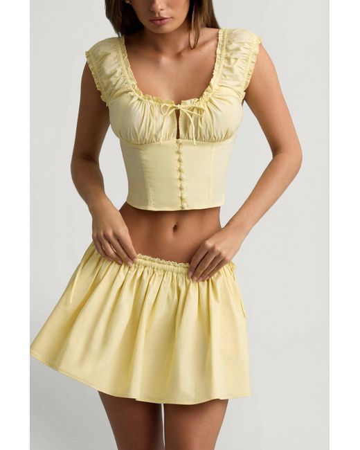 Oh Polly Yellow Ruched Cotton-Poplin Mini Skirt