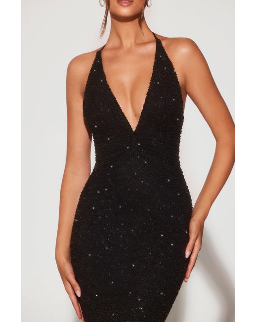 Oh Polly Black Embellished Plunge Halter Neck Evening Gown