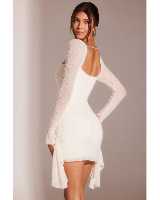 Oh Polly White Long Sleeve Embellished Cowl Neck Mini Dress
