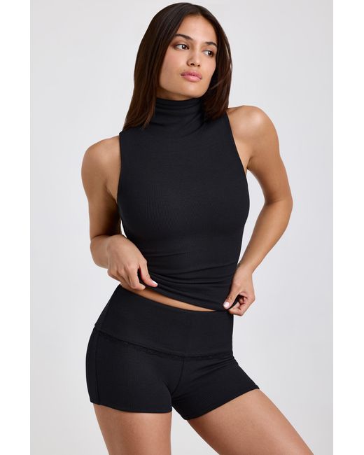 Oh Polly Black Modal Ribbed Mid-Rise Foldover Shorts