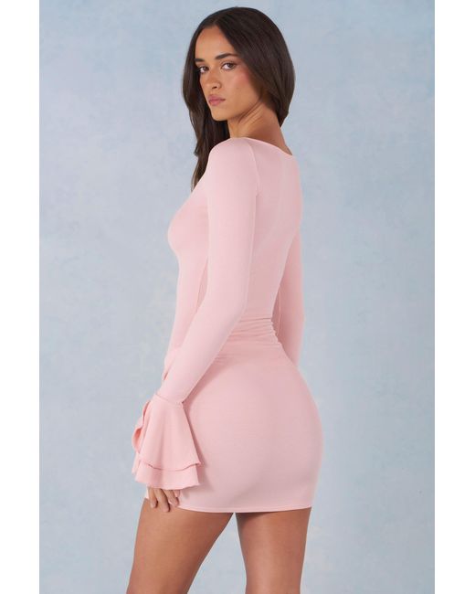 Oh Polly Pink Ribbed Modal Long-Sleeve Draped Mini Dress