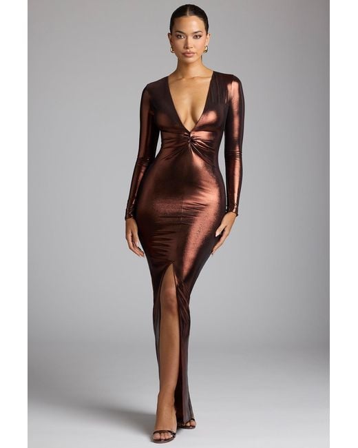 Oh Polly Brown Long Sleeve Metallic Jersey Evening Gown