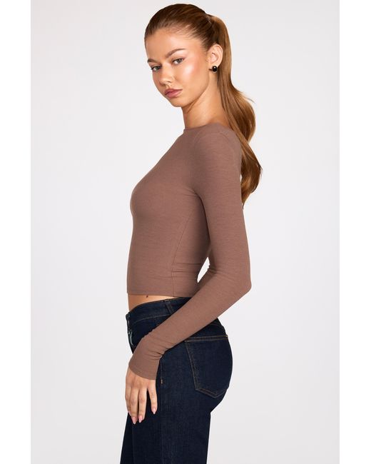 Oh Polly Brown Ribbed Modal Ruched Long-Sleeve Top