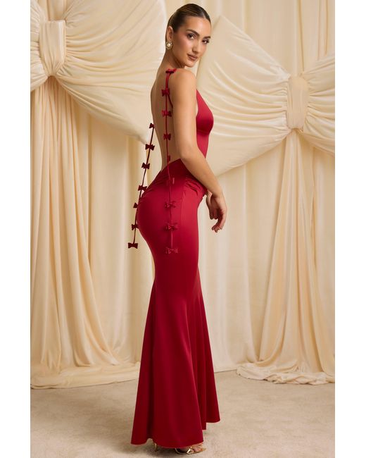 Oh Polly Red Bow-Detail Draped Open-Back Gown
