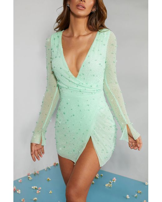 Oh Polly Green Embellished Wrap Over A-Line Mini Dress