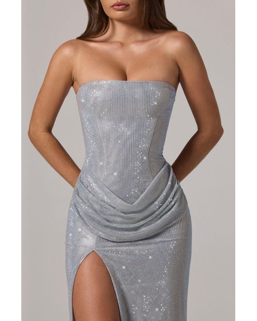 Oh Polly Metallic Embellished Bandeau Cowl-Waist Maxi Dress
