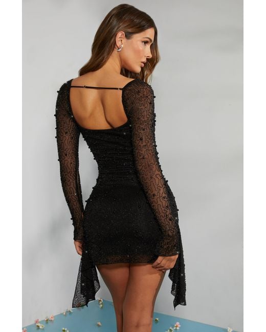 Oh Polly Black Long Sleeve Embellished Cowl Neck Mini Dress