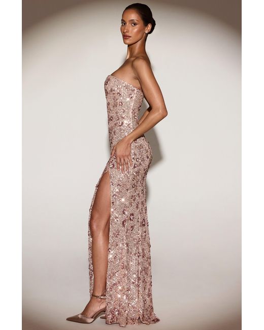 Oh Polly Natural Embellished Bandeau-Neck Strapless Gown