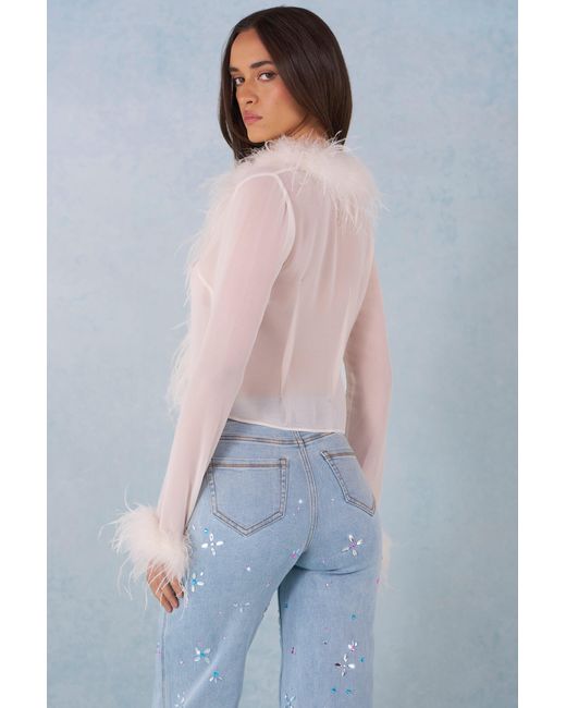 Oh Polly White Feather Trim Sheer Top