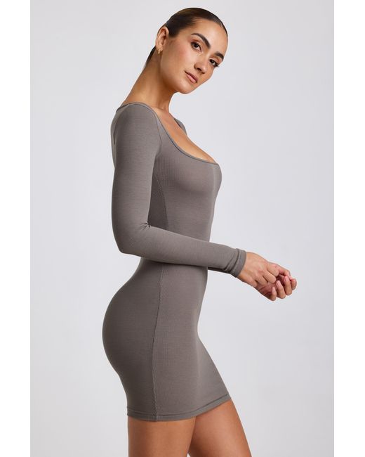 Oh Polly Gray Ribbed Modal Long Sleeve Mini Dress