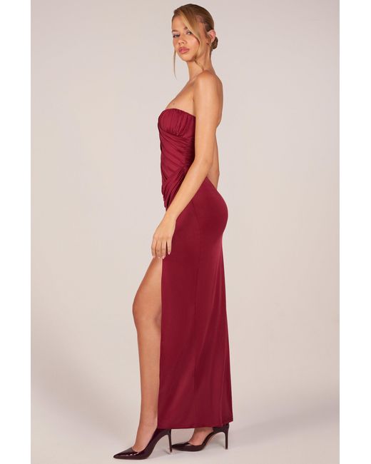 Oh Polly Red Bandeau Draped Thigh-High Maxi Dress