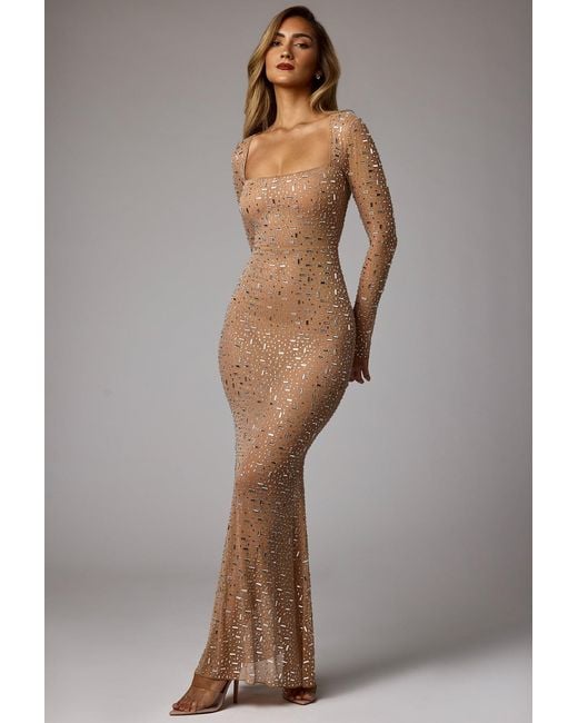 Oh Polly Natural Sheer Embellished Long Sleeve Evening Gown
