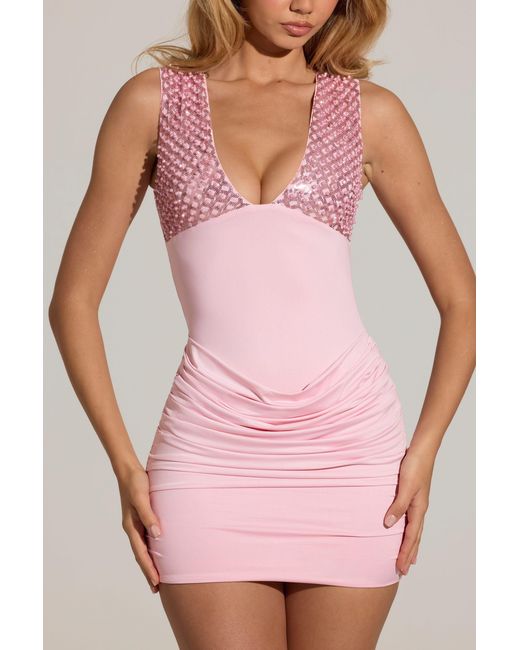 Oh Polly Pink Embellished Deep Plunge Mini Dress
