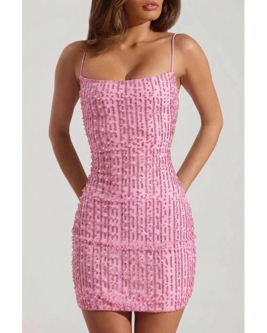Oh Polly Pink Embellished Scoop-Neck Bodycon Mini Dress