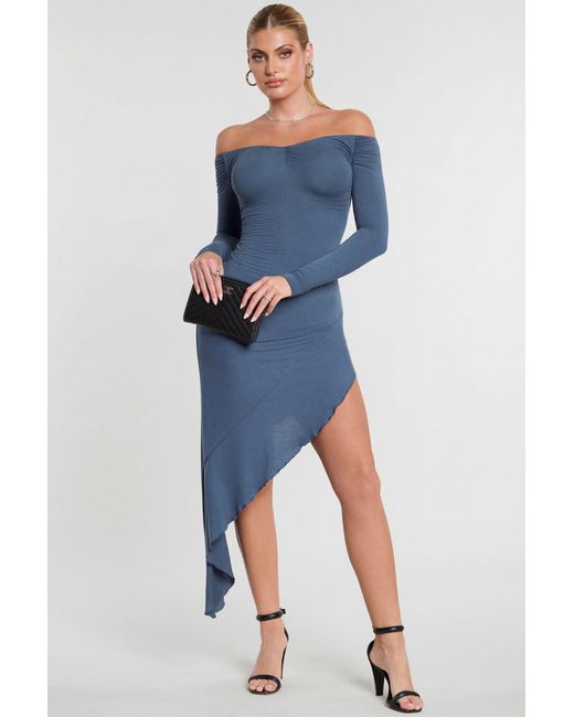 Oh Polly Blue Long Sleeve Off-The-Shoulder Modal Cashmere Blend Maxi Dress