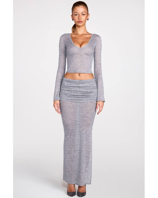 Oh Polly Gray Sheer Jersey Low-Rise Draped Maxi Skirt