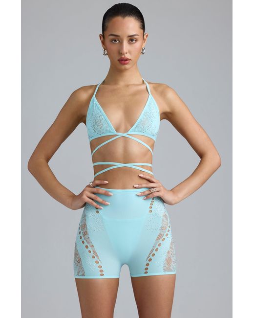 Oh Polly Blue Embellished High-Waist Shorts