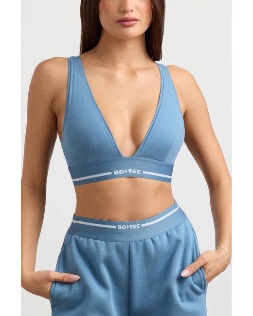 BO+TEE Blue Stretch Cotton Jersey Plunge-Neck Crop Top