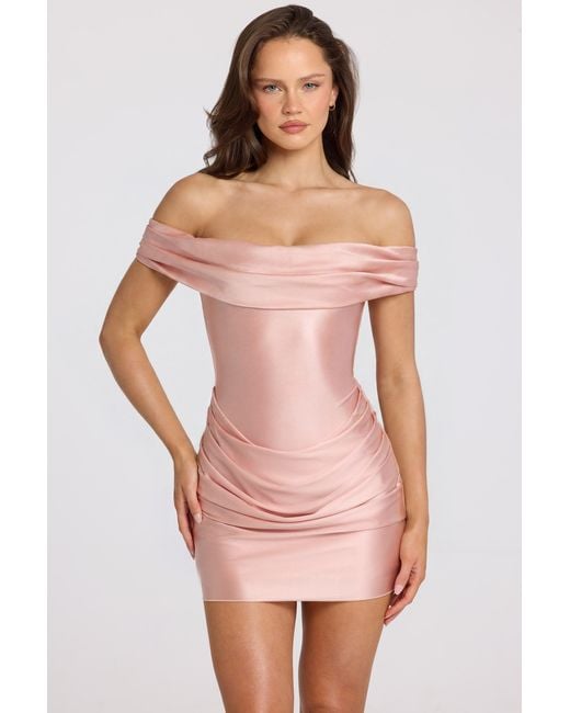 Oh Polly Pink Satin Off-Shoulder Draped Mini Dress