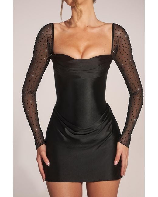 Oh Polly Black Embellished Long-Sleeve Draped Mini Dress