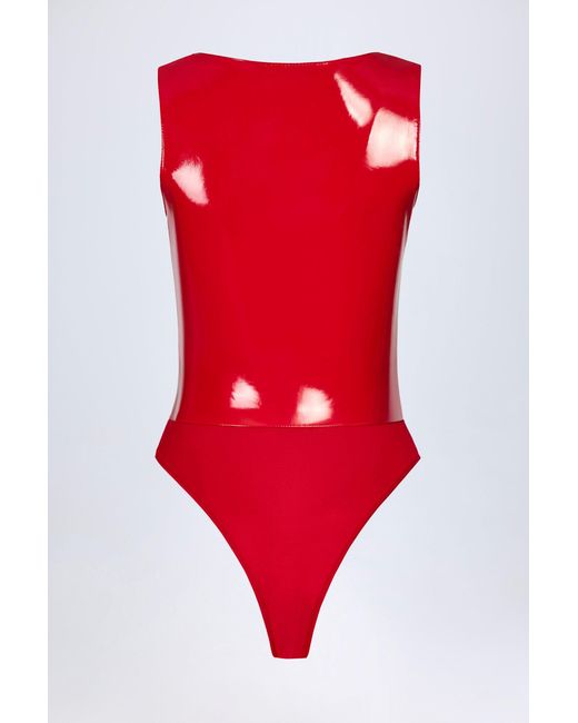 Oh Polly Red Glossy Vinyl Plunge-Neck Bodysuit