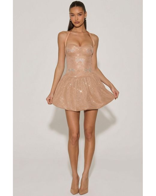Oh Polly Natural Embellished Halterneck Bubble Hem Mini Dress
